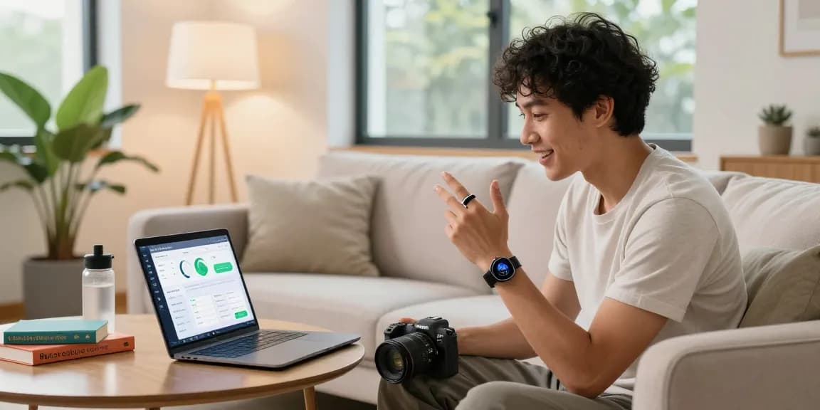 Individual showcasing a smart ring while exploring health apps on a laptop in a modern living room.