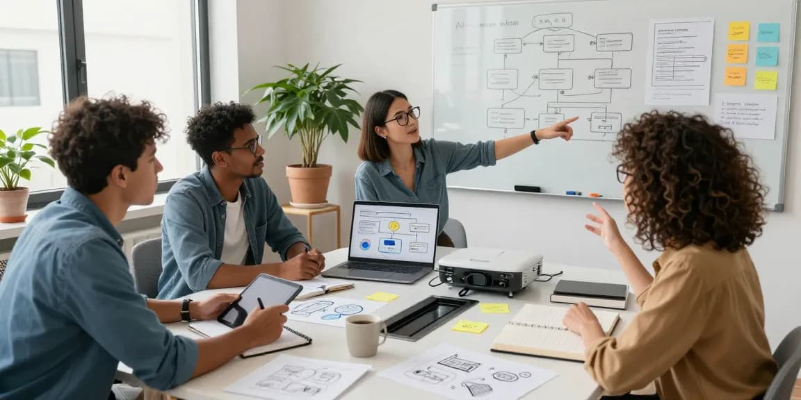 Building internal tools with AI in a collaborative workspace with professionals discussing ideas and processes.