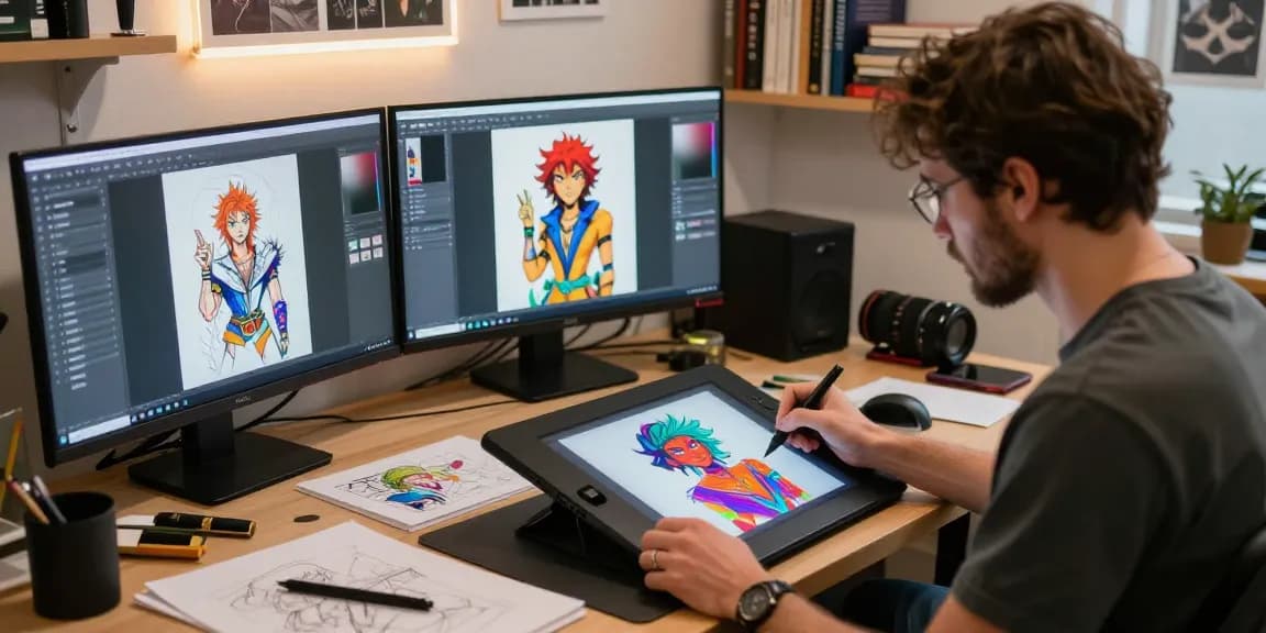 AI NSFW art studio scene with artist designing explicit characters using digital tools.