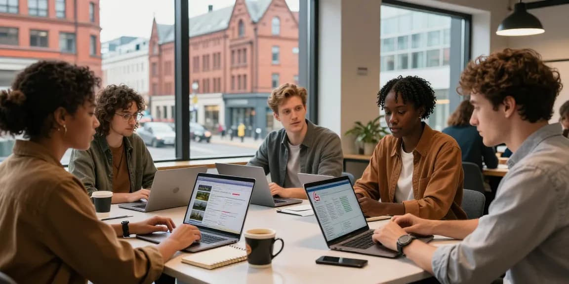 Engaging teamwork discussing Airbnb co-host services Manchester in a stylish co-working space.