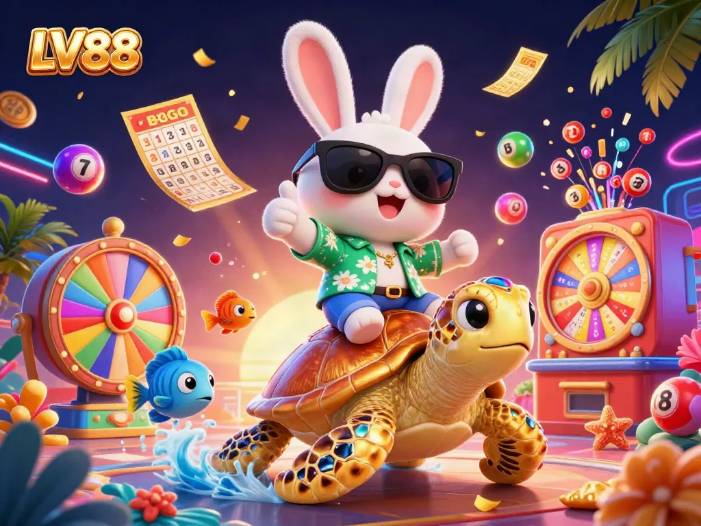 Engage in thrilling rewards with LV88, as vibrant lottery elements surround the lucky rabbit and golden turtle.
