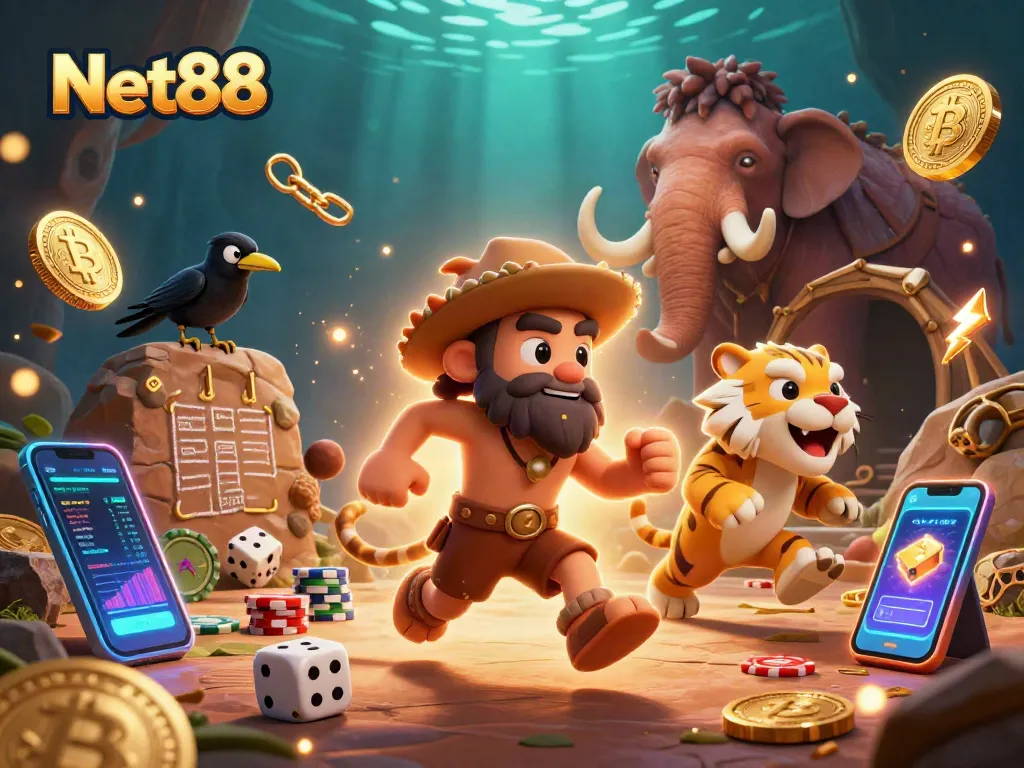 Engage in thrilling gaming actions at Net88's lively casino with vibrant characters and crypto elements