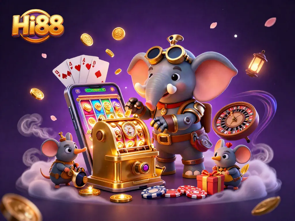 Spin and win at Hi88 with a steampunk elephant at a golden slot machine surrounded by dynamic gaming elements.