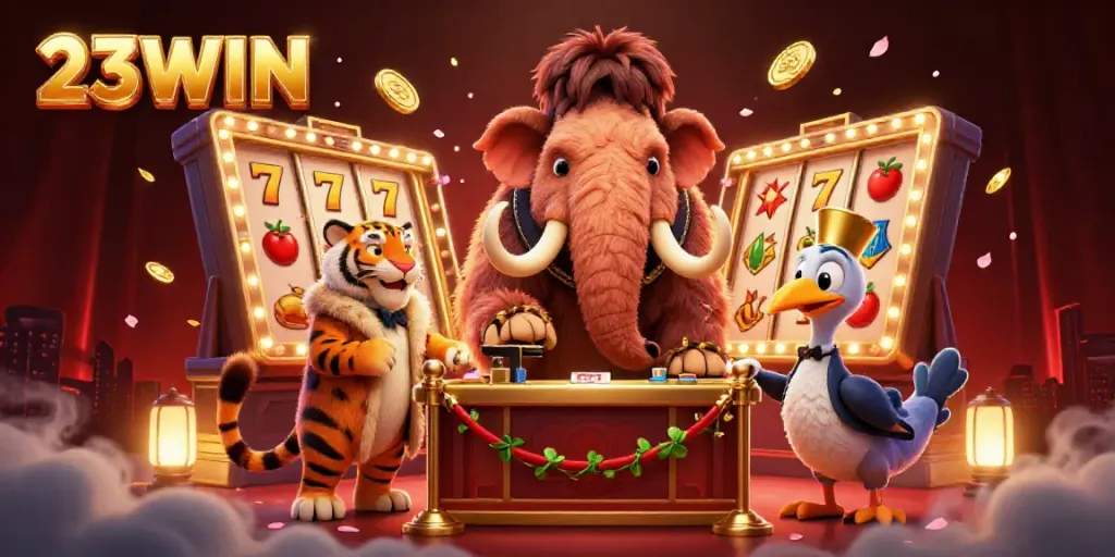 Experience the thrill of slots with 23WIN's captivating casino scene featuring characters and vibrant gaming elements.