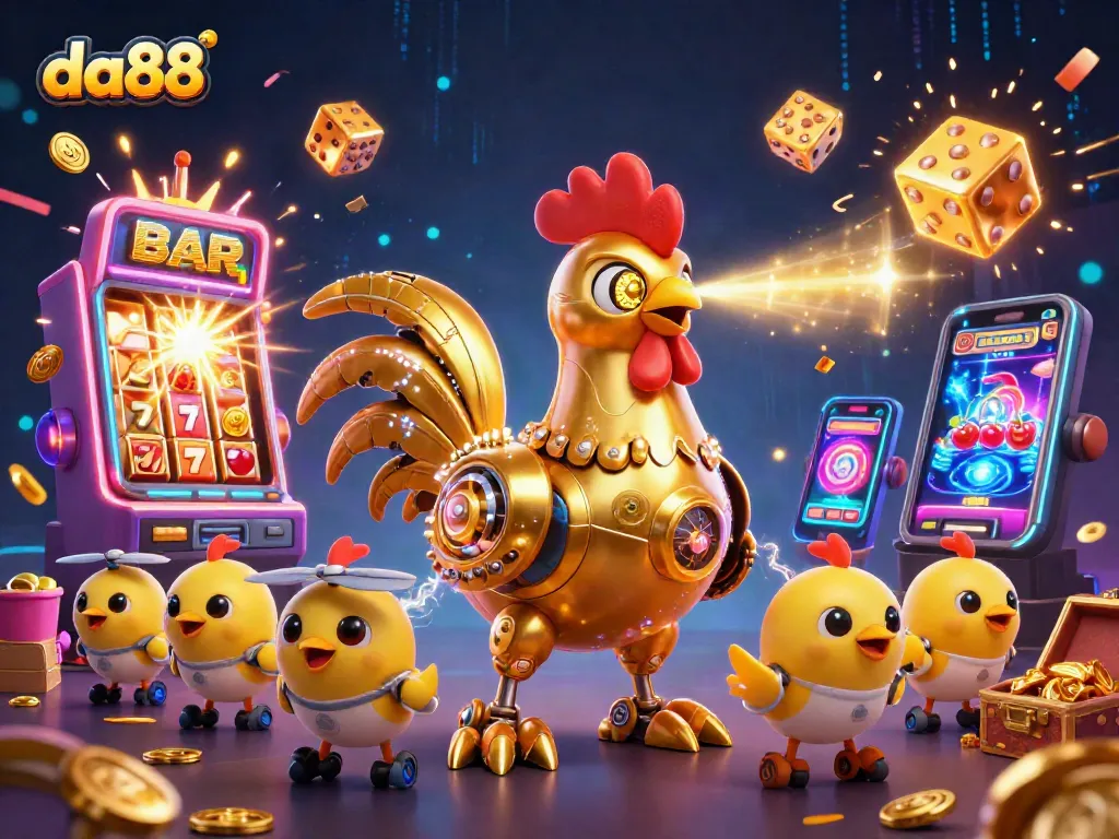 Join the excitement of da88 with a golden rooster robot and treasure-filled slot machines.