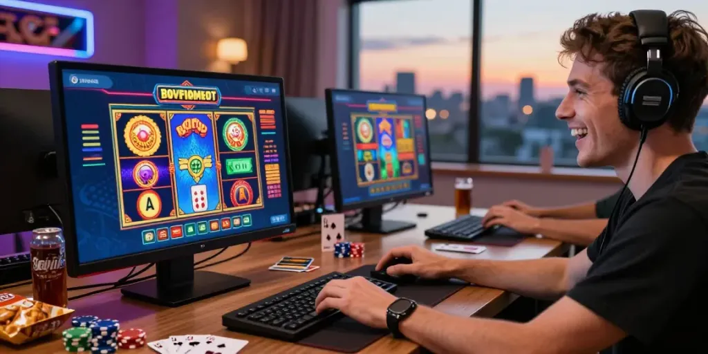 Excited player enjoying a gaming session at online casinos that accept credit card with colorful slot games visible on screen.