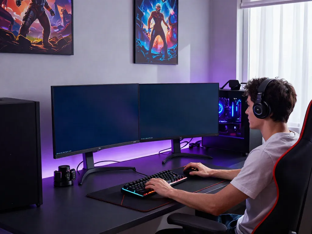 Engaging with online gaming at https://nbet.page/, showcasing a vibrant setup with gaming accessories.