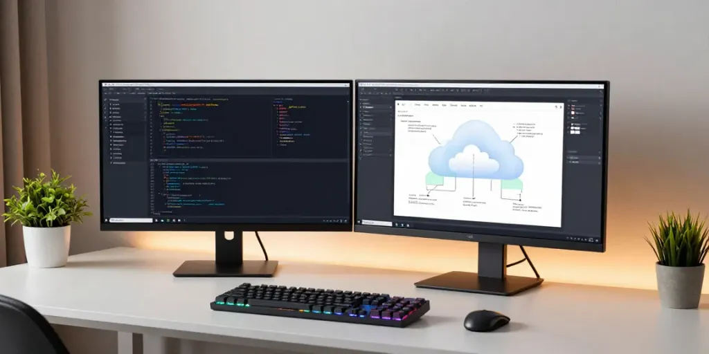 Cheap .co.uk domains browsing features in a modern developer workspace with dual monitors and coding environment.