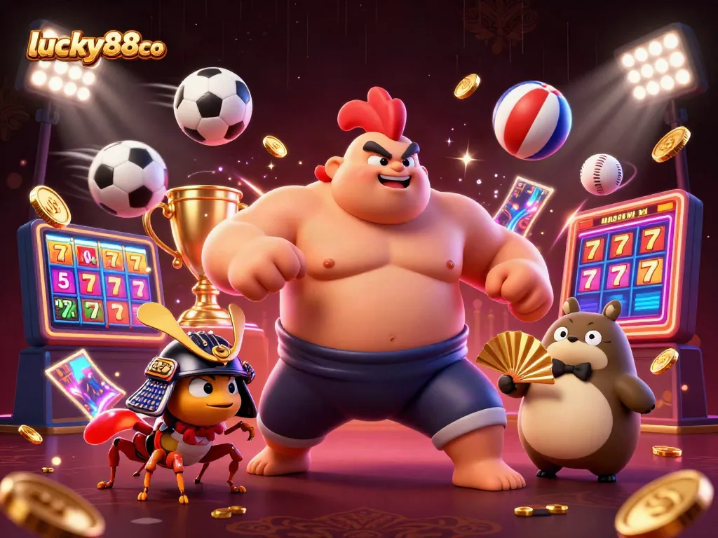 Experience thrilling wins with lucky88co at a vibrant casino scene filled with dynamic sports elements.
