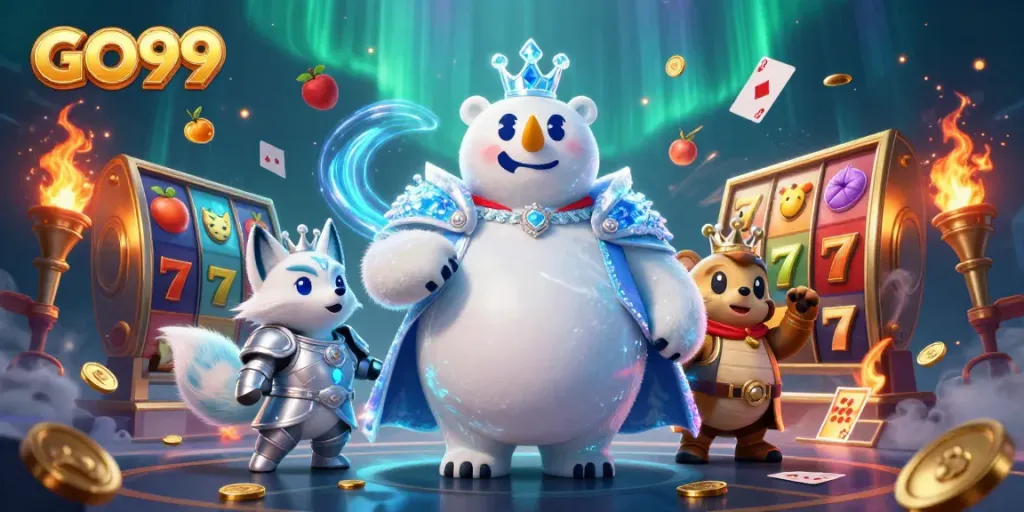 Engage with GO99's thrilling slots experience featuring icy characters and vibrant casino elements