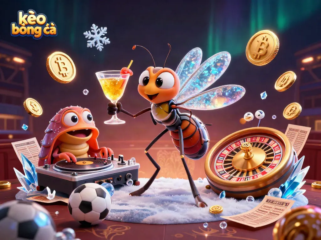 Experience thrilling kèo bóng đá with an engaging 3D illustration of a frozen mosquito mascot and a trilobite DJ.