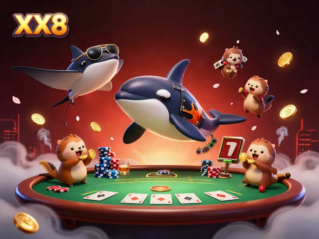 XX8 presents a vibrant 3D scene with an orca and sea creatures engaging in a lively poker game.