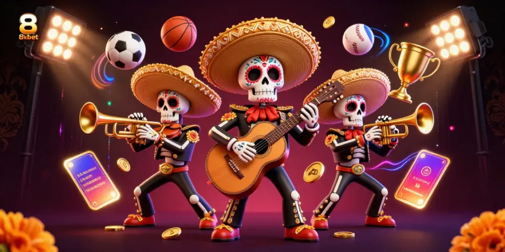 Experience the vibrant world of 8xbet with a Mariachi band amidst sports betting excitement.