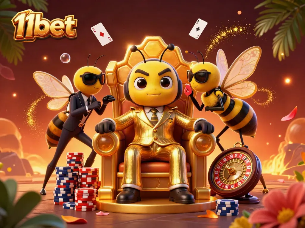 Experience thrilling action at 11bet with a vibrant 3D illustration of a mob boss and gaming elements.