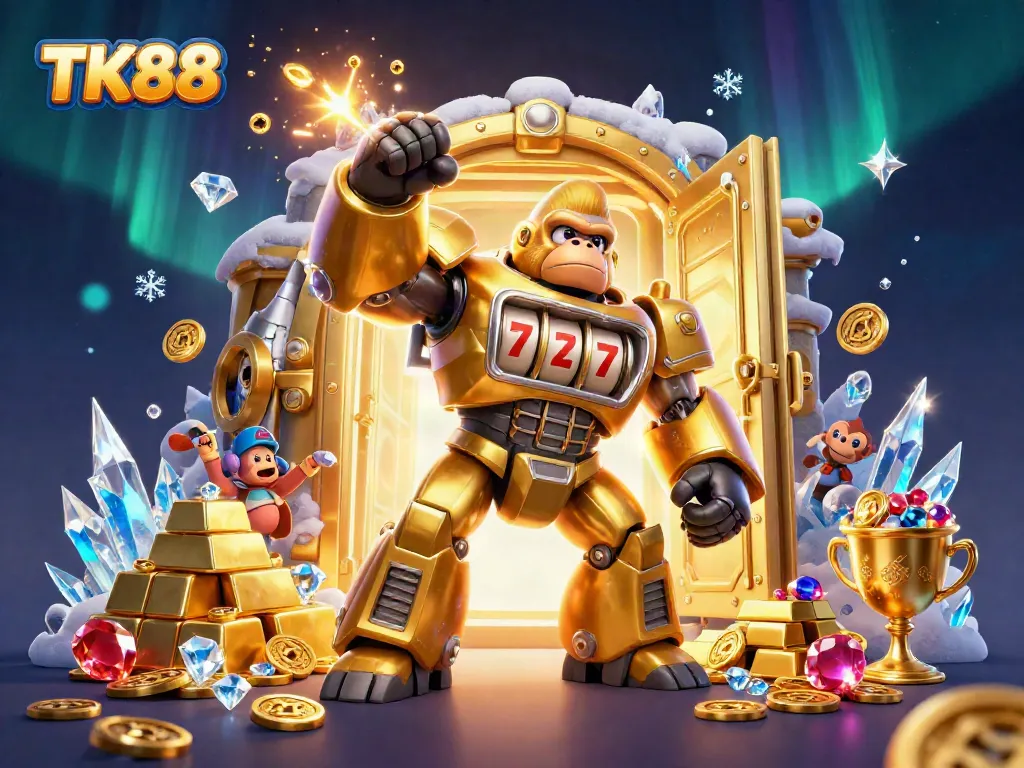 Engaging TK88 illustration featuring a transformer-style mech and treasure, highlighting excitement in gaming.