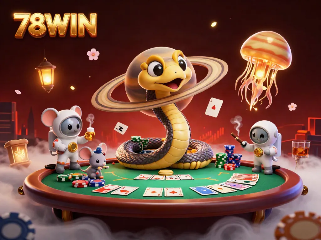 Engage in thrilling bets with 78WIN as astronaut mice spin Saturn's roulette rings in a vibrant casino cosmos.
