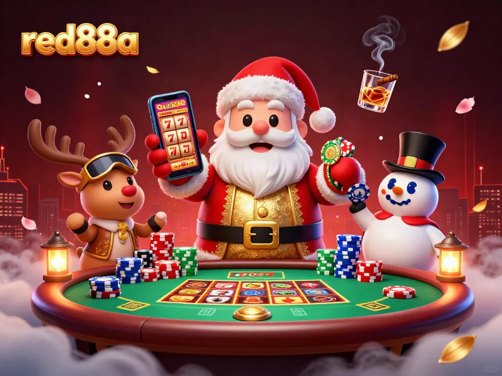 Play slots with red88a characters in a festive 3D casino scene packed with vibrant gaming elements.