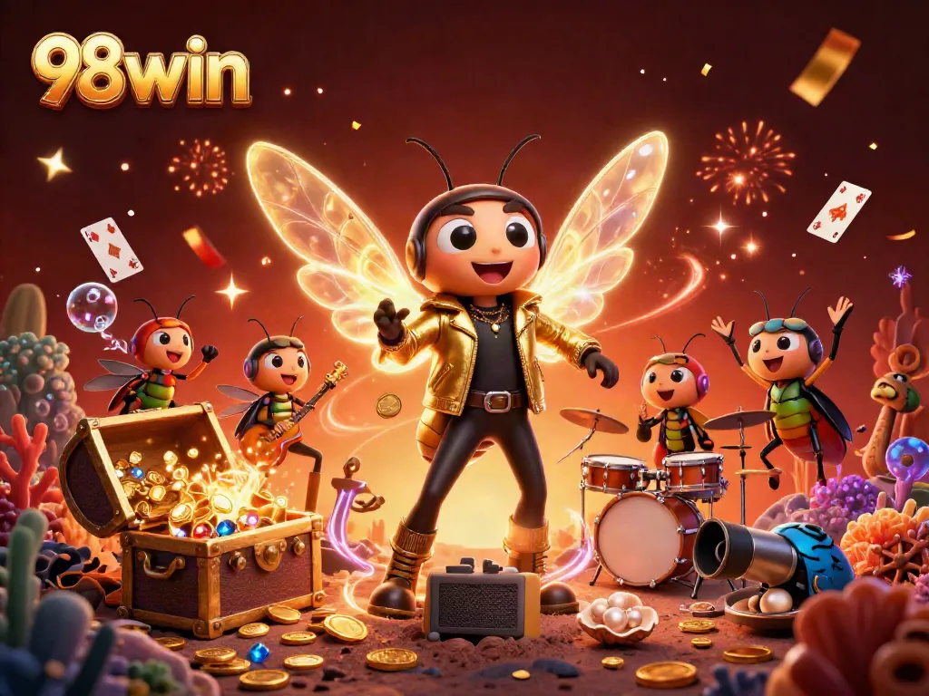 Engage with 98win's vibrant casino adventure featuring a cartoon cicada rock star and treasure.