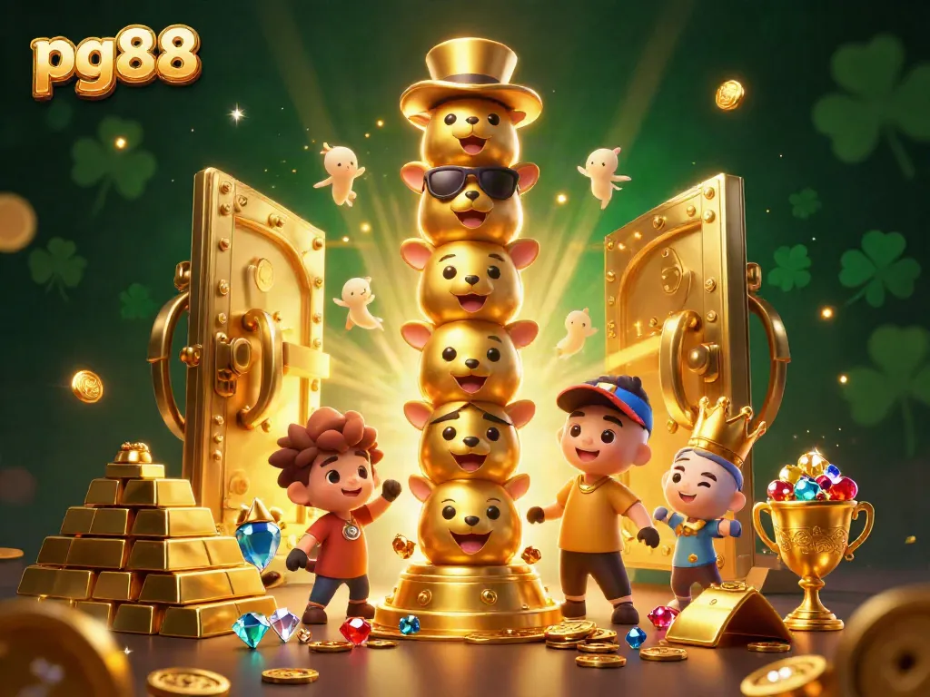 Play exciting games at pg88 with a 3D totem and treasures overflowing in a vibrant casino setting.