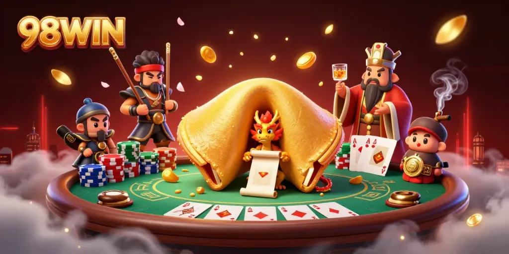 Win big at 98WIN with this lively scene showcasing poker tables and magical characters!