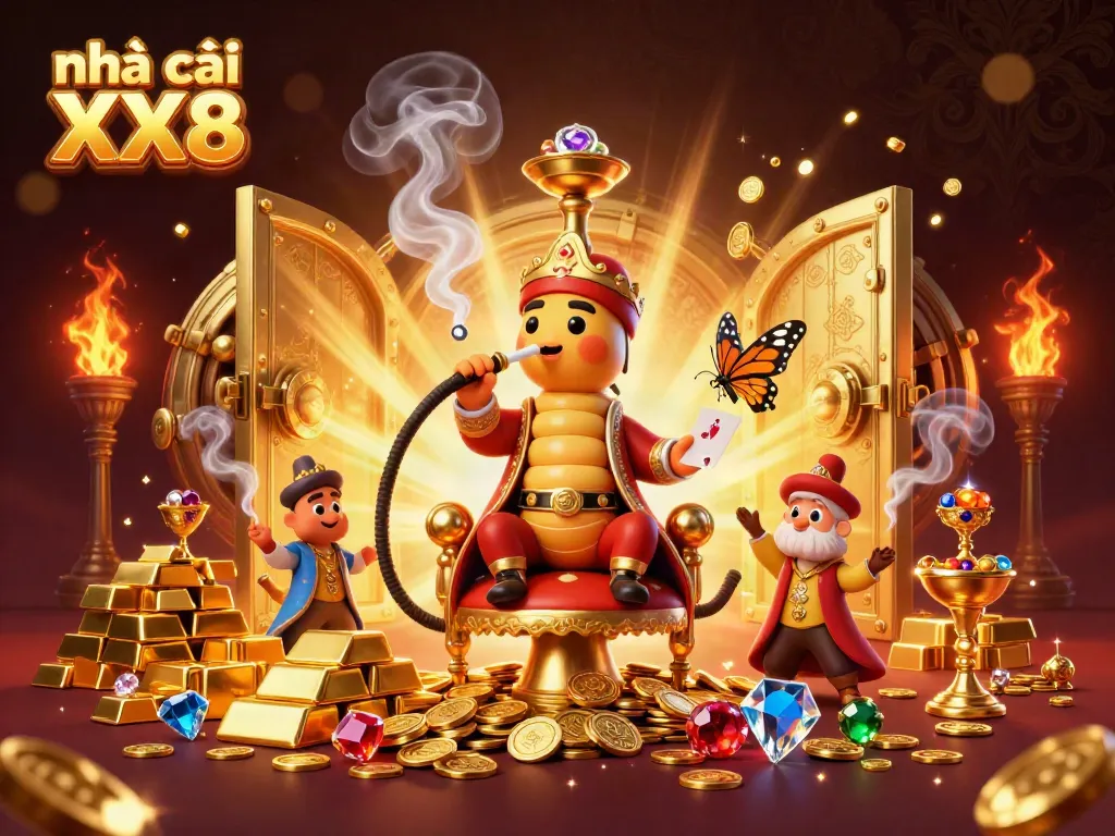 Experience the thrill with Nhà cái XX8's mesmerizing cartoon casino scene featuring gold treasures and poker symbols.