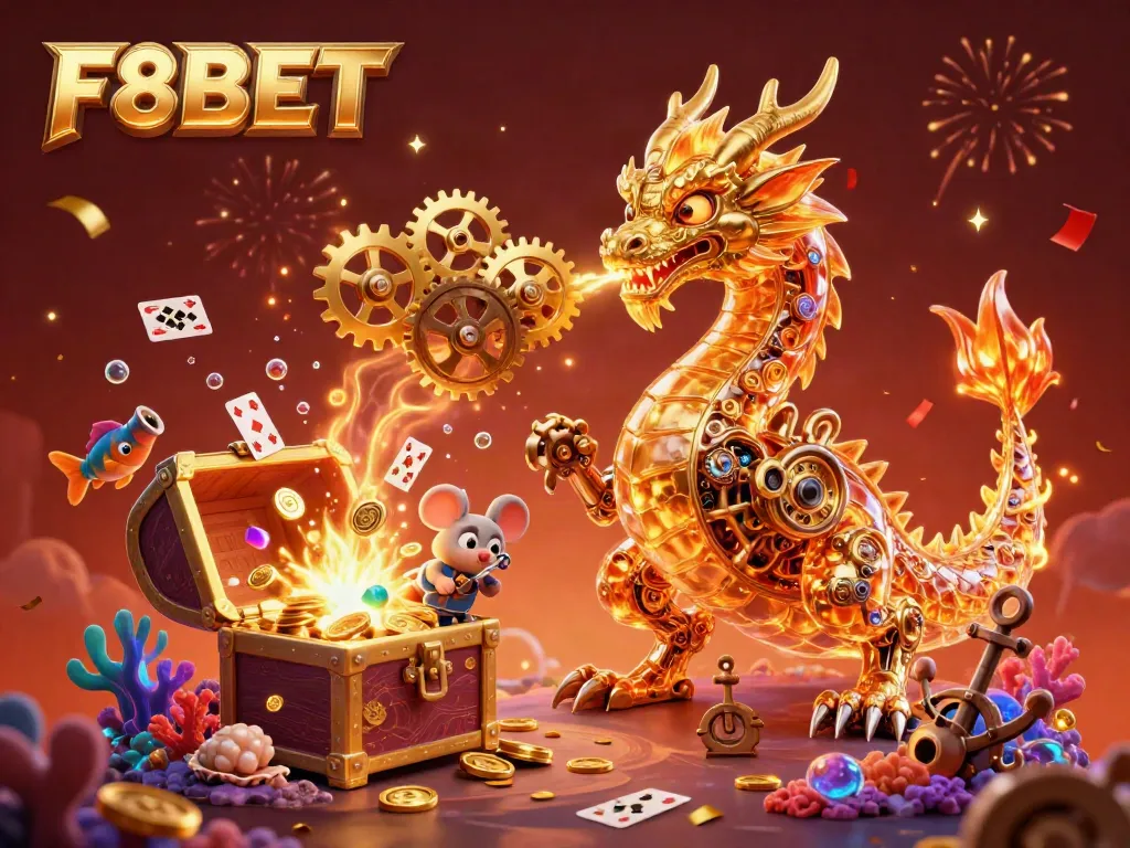 Experience F8BET's thrilling casino adventure with a golden dragon and a mouse engineer amidst treasures and festive confetti.