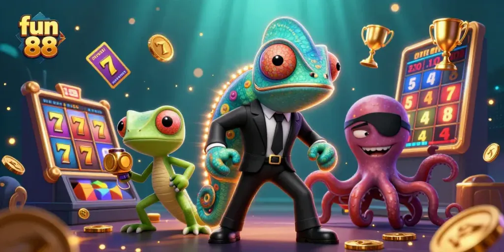 Experience fun 88 with exciting slot games and vibrant characters in a dynamic casino scene.