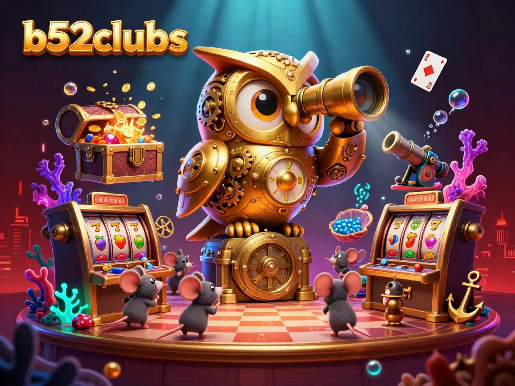Experience thrilling jackpot action at b52clubs with a majestic golden owl overlooking the casino floor.
