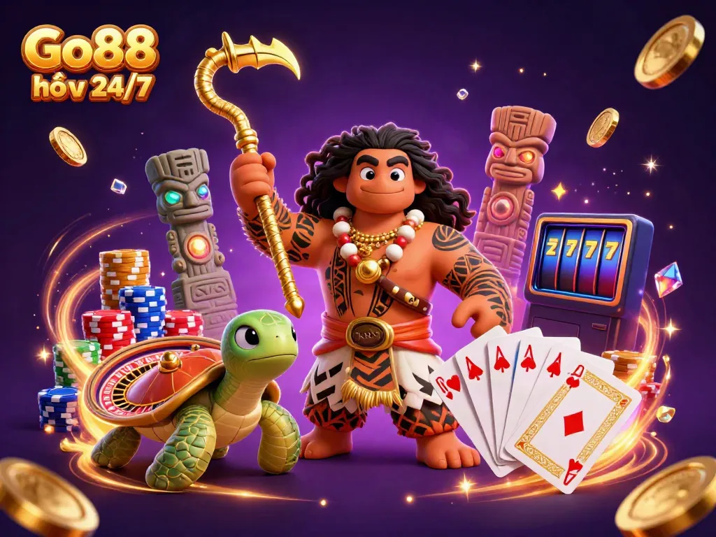 Experience the excitement of Go88 hỗ trợ 24/7 with this dynamic casino-themed illustration featuring vibrant game elements.
