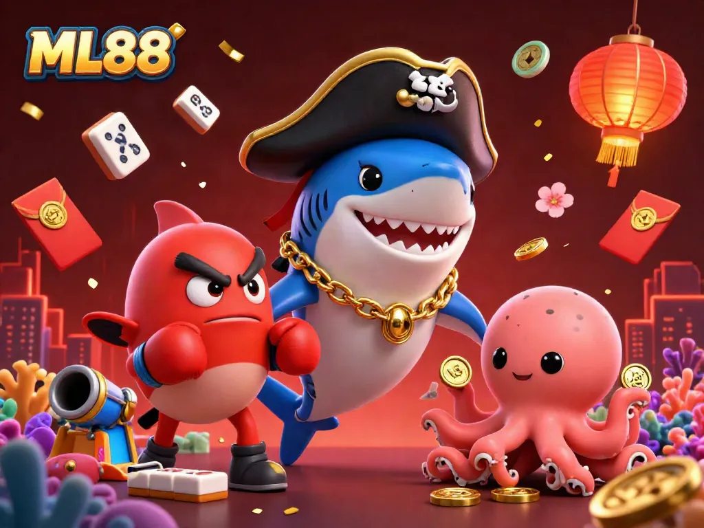Experience the thrill of ML88 with this vibrant fish shooting game illustration featuring lively sea creatures and festive casino elements.