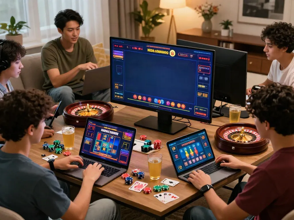 Friends playing games on non-GamStop platforms in a lively living room