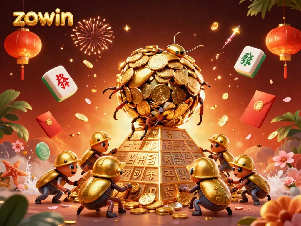 Experience the thrill of zowin casino as golden beetles roll coins up the pyramid amidst vibrant game symbols.