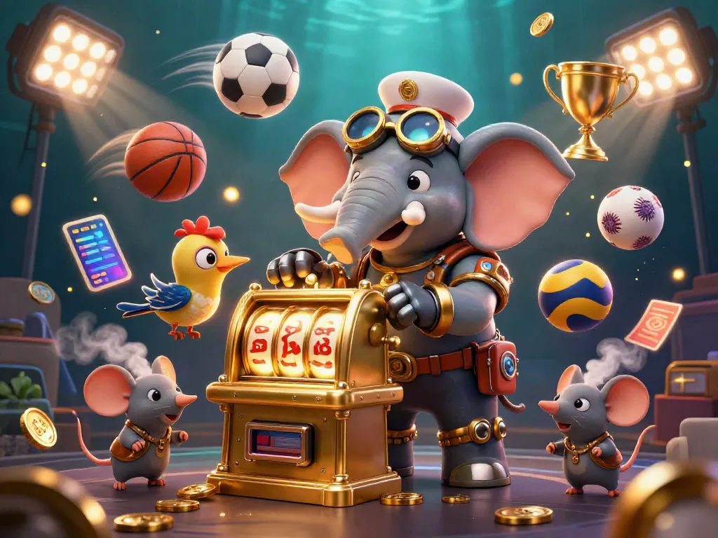 Experience the excitement of ty le keo nha cai with a dynamic 3D steampunk scene of an elephant engineer and sports elements.