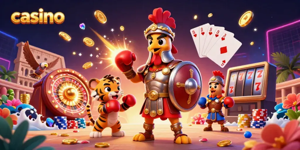 Experience a vibrant fantasy casino scene with a rooster, tiger cub, and eagle surrounded by spinning roulette wheels and sparkling gems.