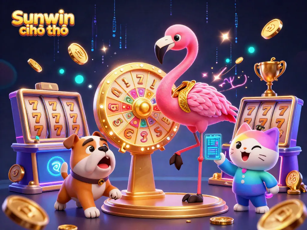 Experience Sunwin chính chủ excitement with a flamingo game show host, spinning wheels, and gold coins.