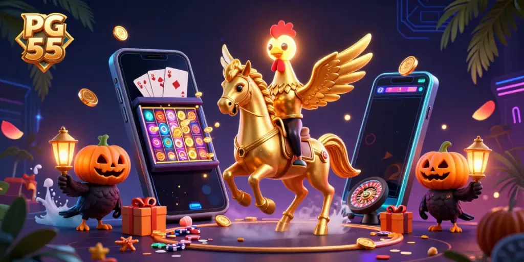 Experience thrilling moments with PG 55 in this vibrant casino scene showcasing games and excitement.