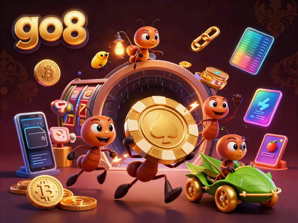 Engaging 3D casino scene showcasing go8 gambling action with ants heisting a giant poker chip and vibrant game elements.