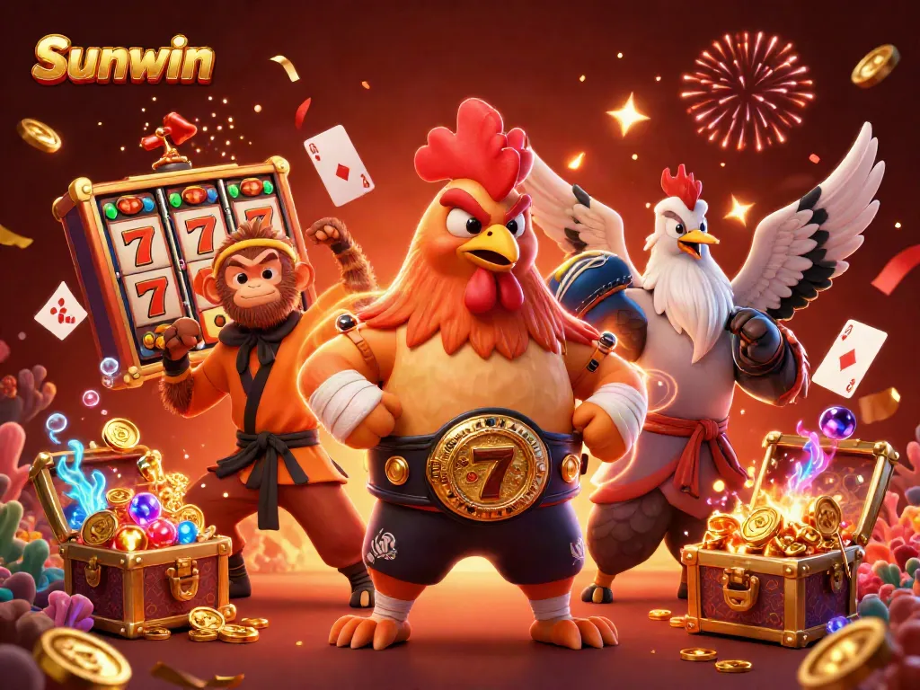 Engage with exciting slot games at Sunwin featuring a Muay Thai rooster, martial artists, and vibrant visuals.