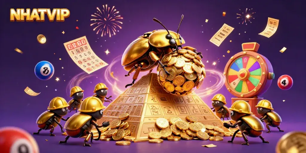 Join the excitement at NHATVIP with golden coins and vibrant lottery elements cascading throughout a dynamic scene.