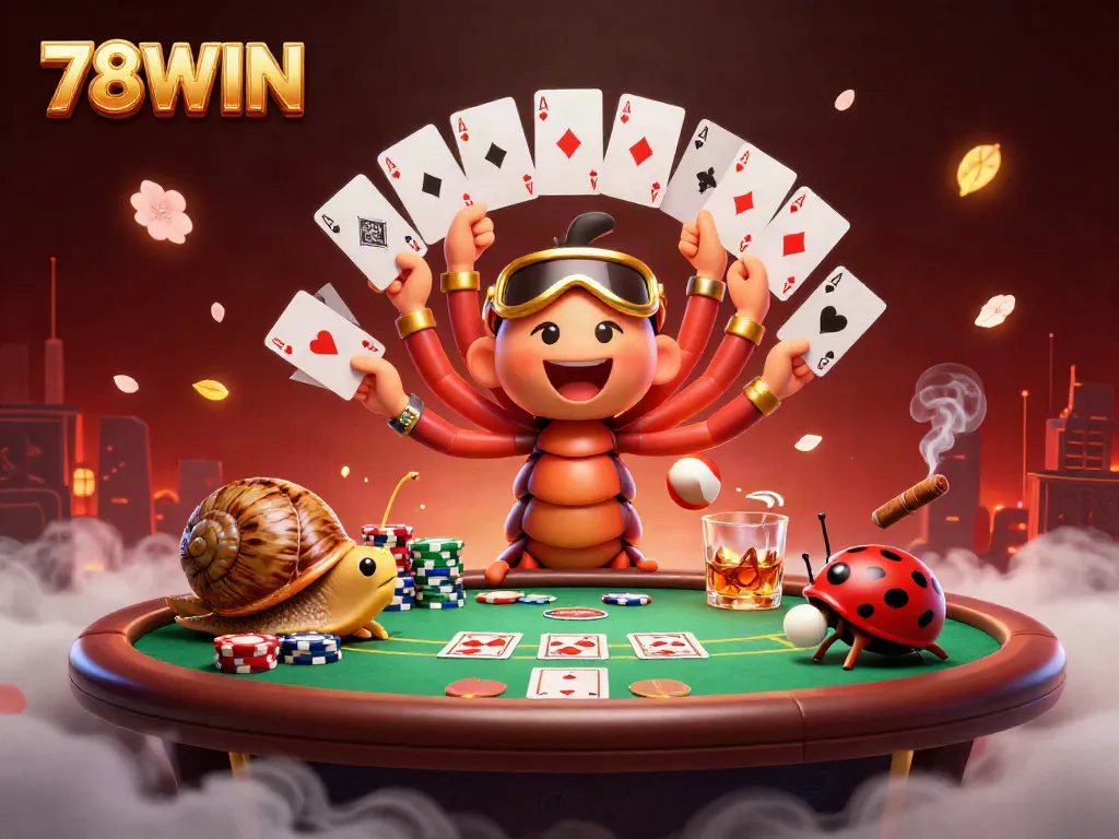 Experience the thrill of 78WIN with lively cartoon characters and poker elements in a vibrant casino scene.