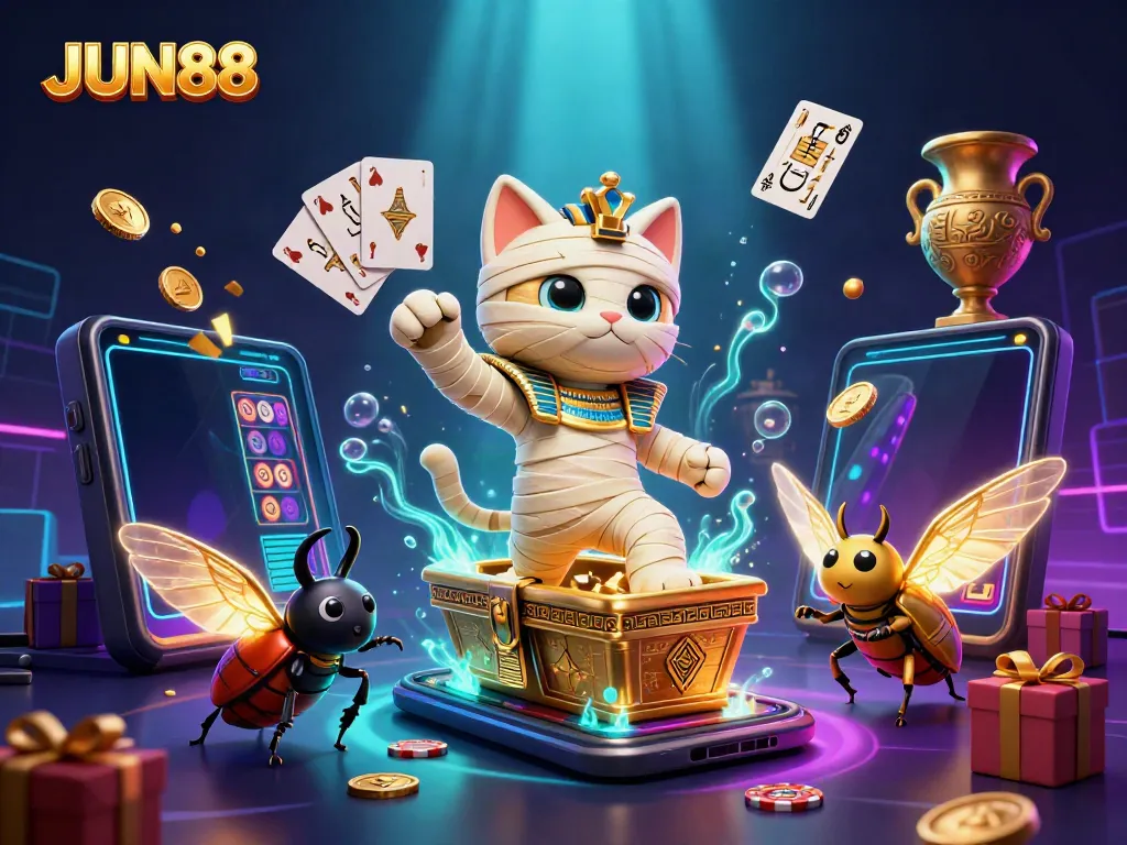 Experience thrilling gameplay with JUN88 in a dynamic pyramid casino scene featuring an Egyptian mummy cat.