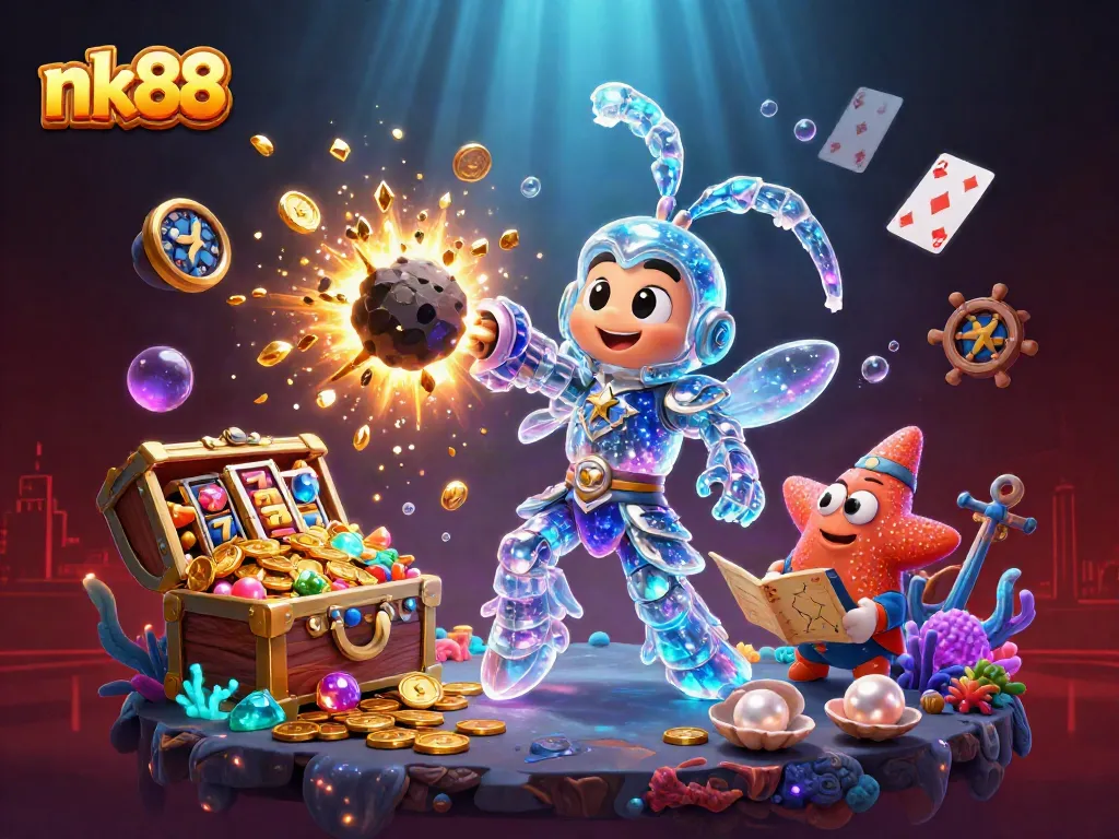nk88 gameplay illustration showcasing vibrant casino elements with immersive underwater action