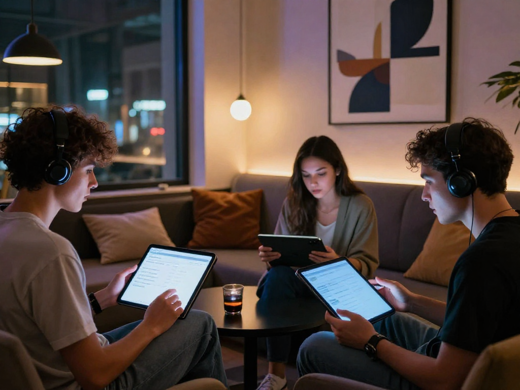 Engaging NSFW AI chat conversation in an urban lounge with modern devices.