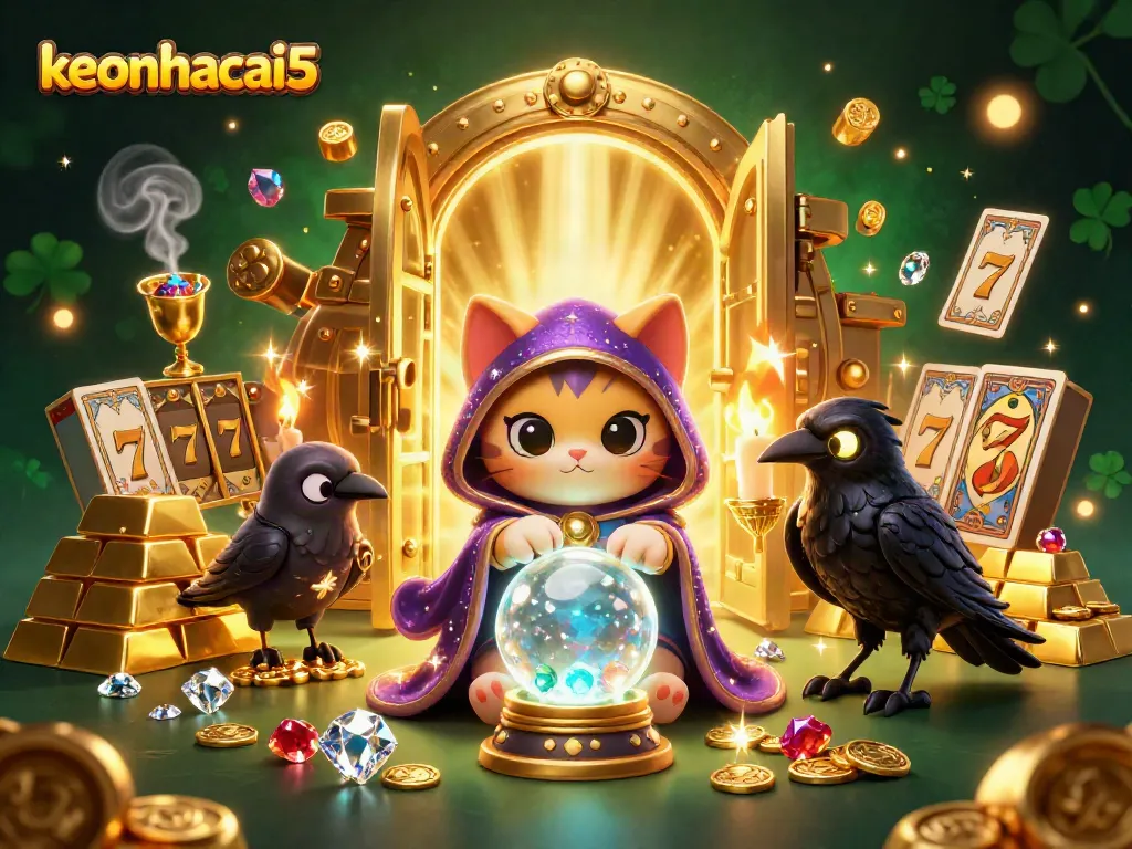 Engage with keonhacai5's vibrant slot game experience featuring a mystical fortune teller and treasures.
