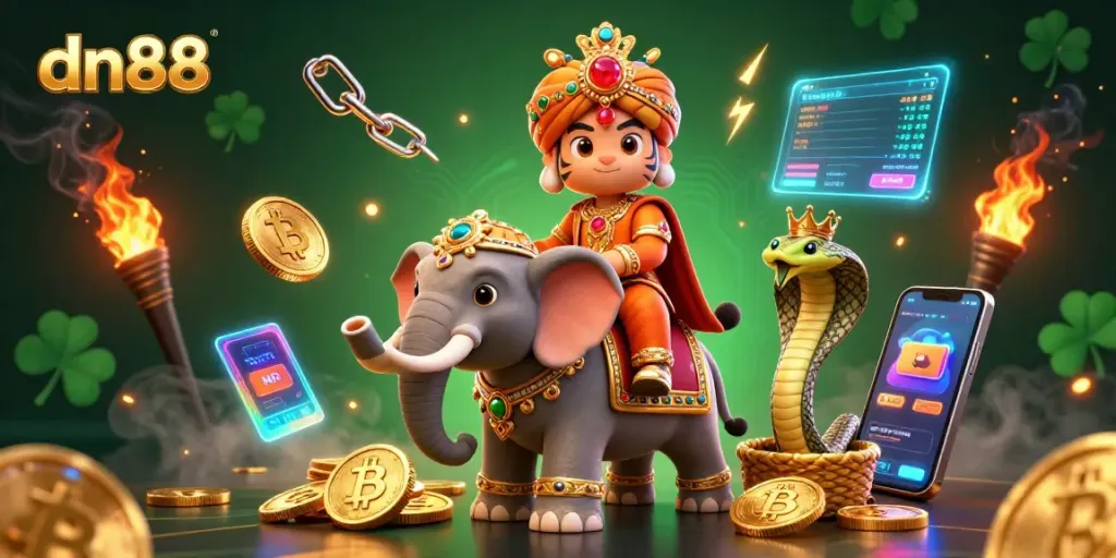 Win big at dn88 with a vibrant illustration featuring colorful casino-themed elements and characters.