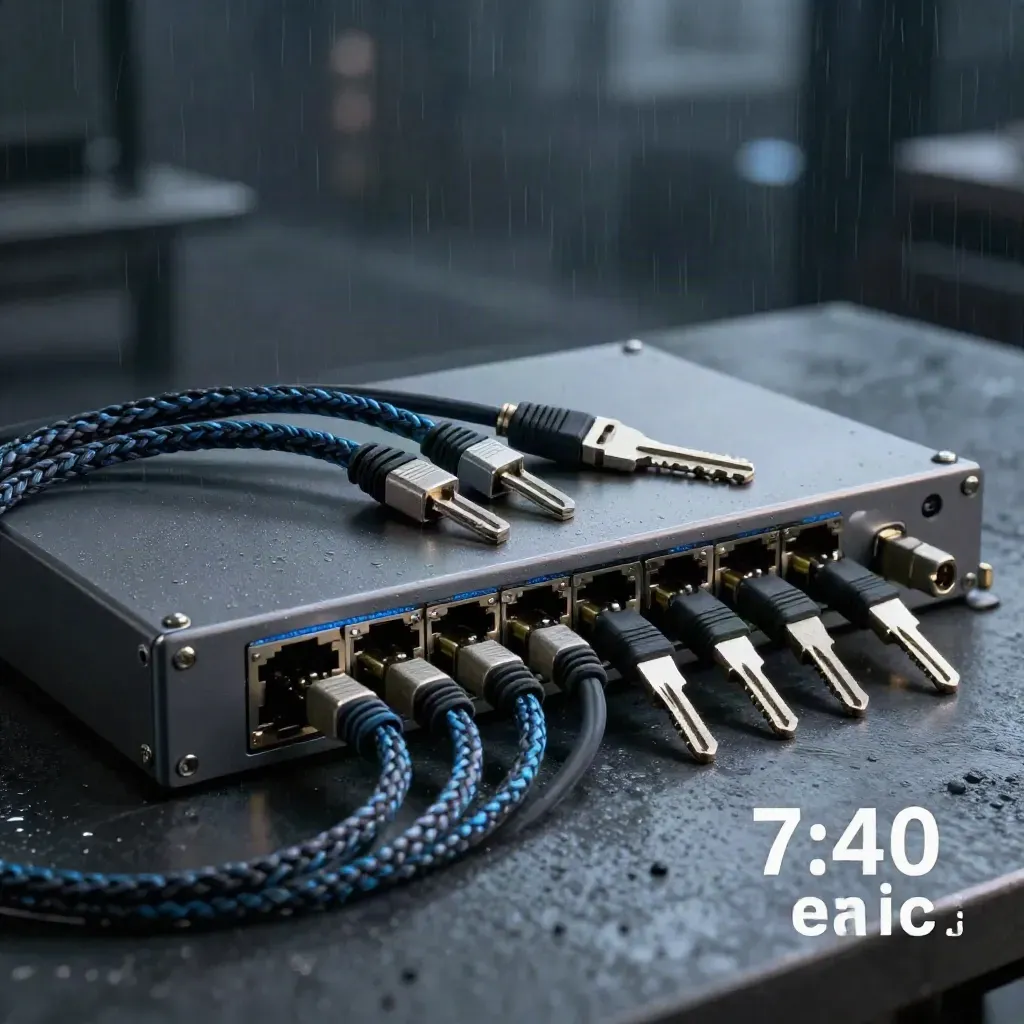 Rackmount switch with braided patch cables and metal couplers on a dark industrial tabletop.