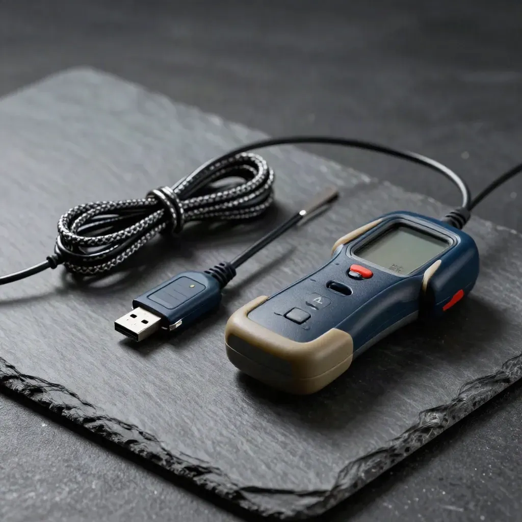 Top-down still life of cable tester, USB security key, braided lead and adapter on slate