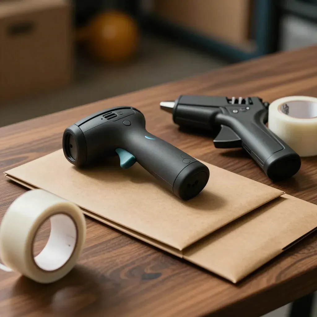 Barcode scanner, kraft mailers, tape gun and parcel tape on a walnut bench with warm bokeh.