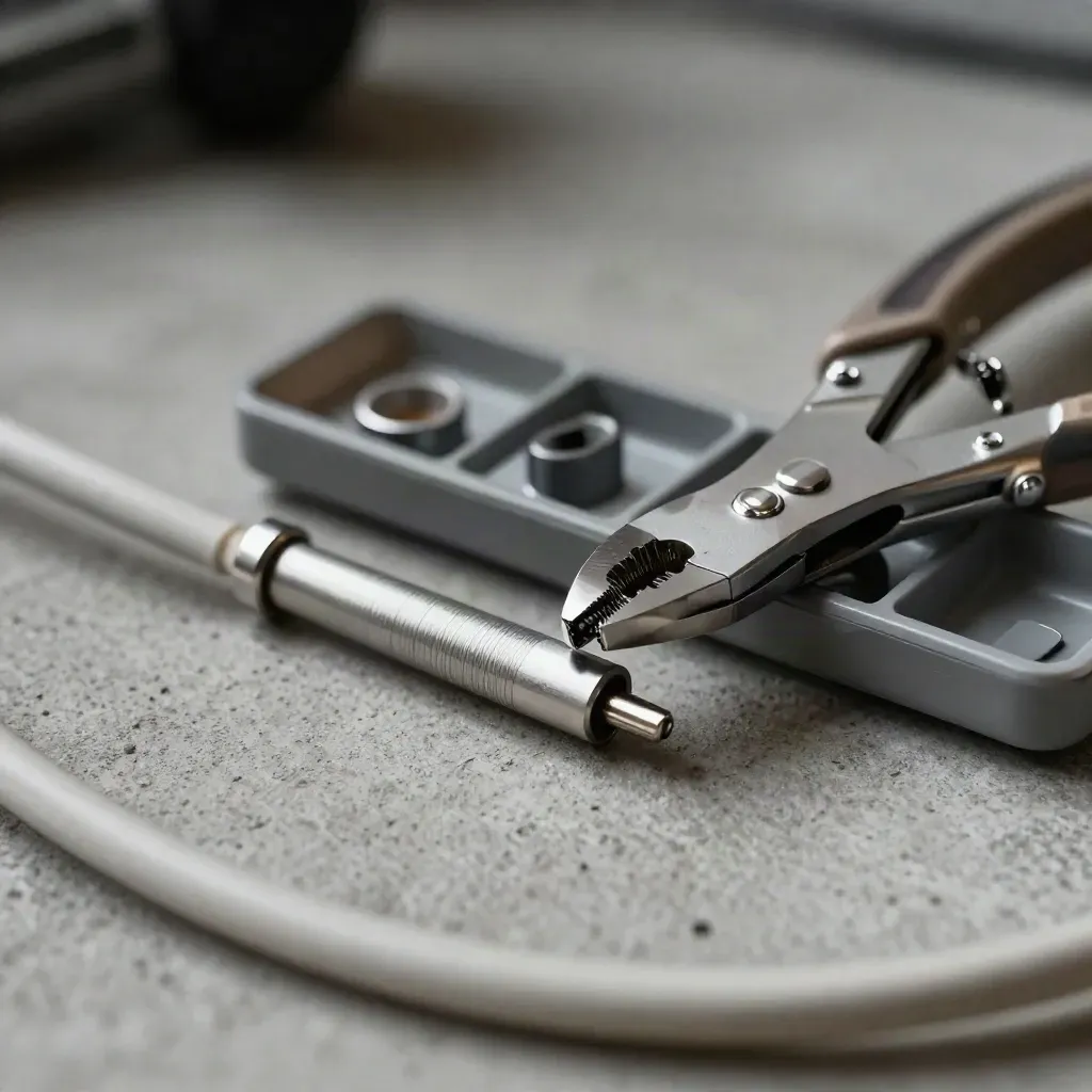 Crimp tool and ferrule kit on concrete with a patch cable in soft focus