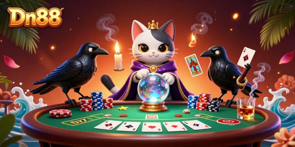 Experience thrilling bets with Dn88 at a vibrant poker scene featuring mystical characters and casino elements.